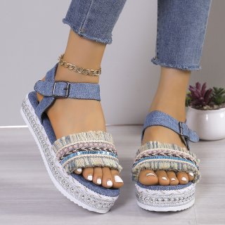 Women's Ethnic-Style Denim Sandals: A Summer Staple with Fashionable Tassels and Thick Hemp Rope Sole