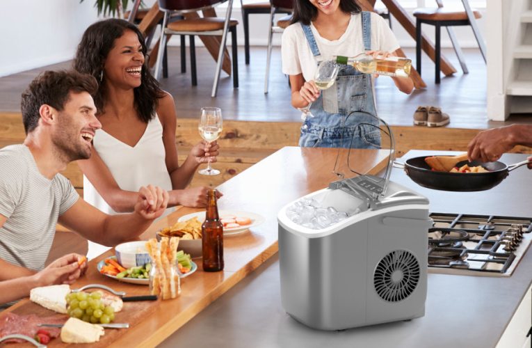 Portable Countertop Ice Maker Machine , 3K+ Bought in Past Month, Original Price: $39, Now: $33, With Handle, 9 Bullet-Shaped Ice Cubes Ready in 6 Mins, 26Lbs/24H, Self-Cleaning Function with Ice Scoop and Basket for Home/Kitchen/Party (Grey)